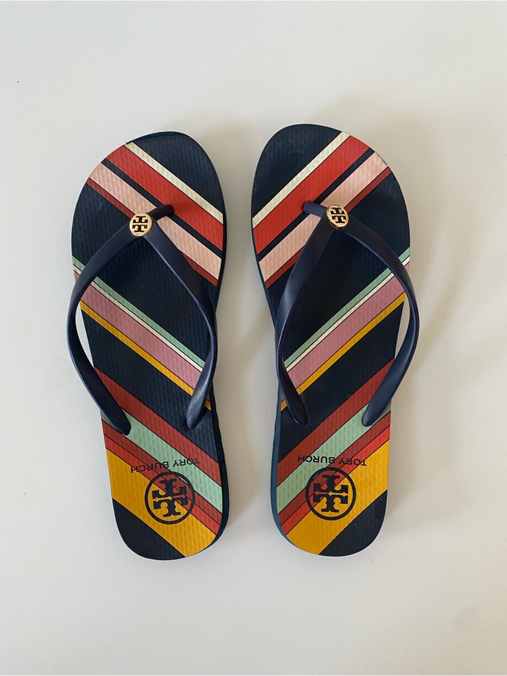 Tory Burch Navy Multicolor Diagonal-Stripe Flip Flops